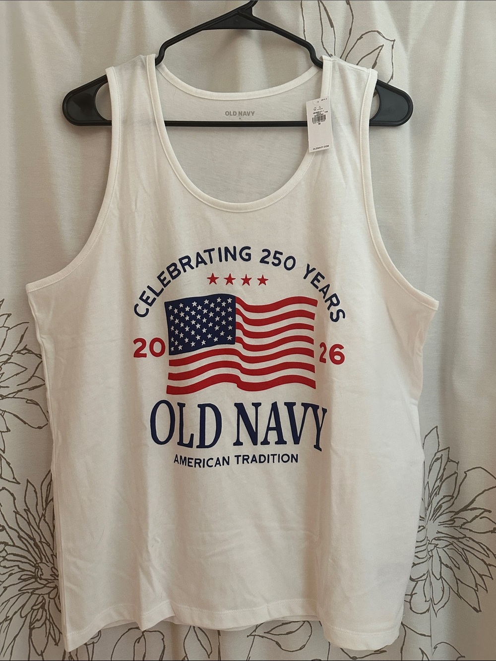 Old Navy White Tank with Red & Blue Flag Graphic